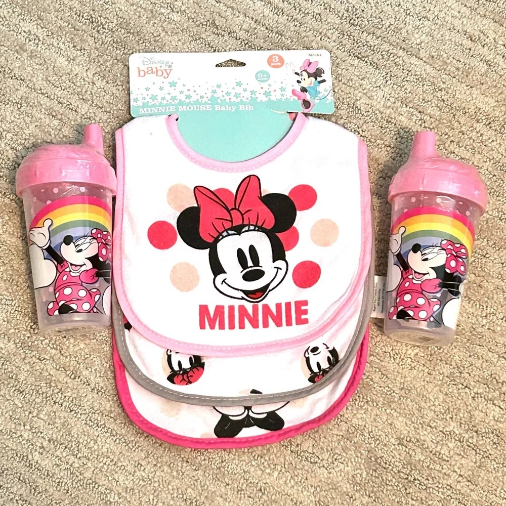 Disney Baby Minnie Mouse 3 PK Bib Set and 2 Sippie 10oz. Cups. NWT